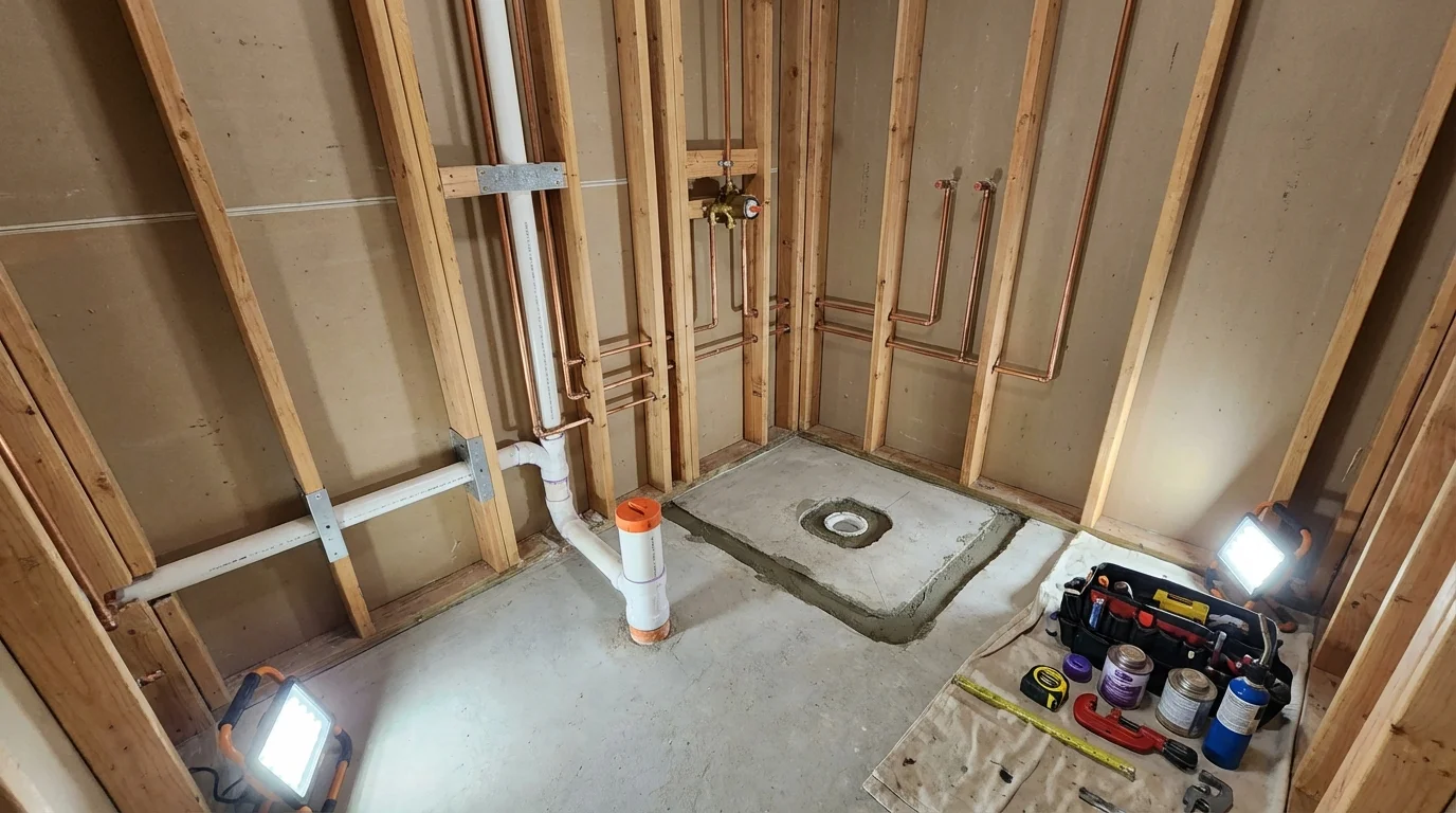 Bathroom rough-in plumbing during remodel by Johns Plumbing LLC in Park Hills