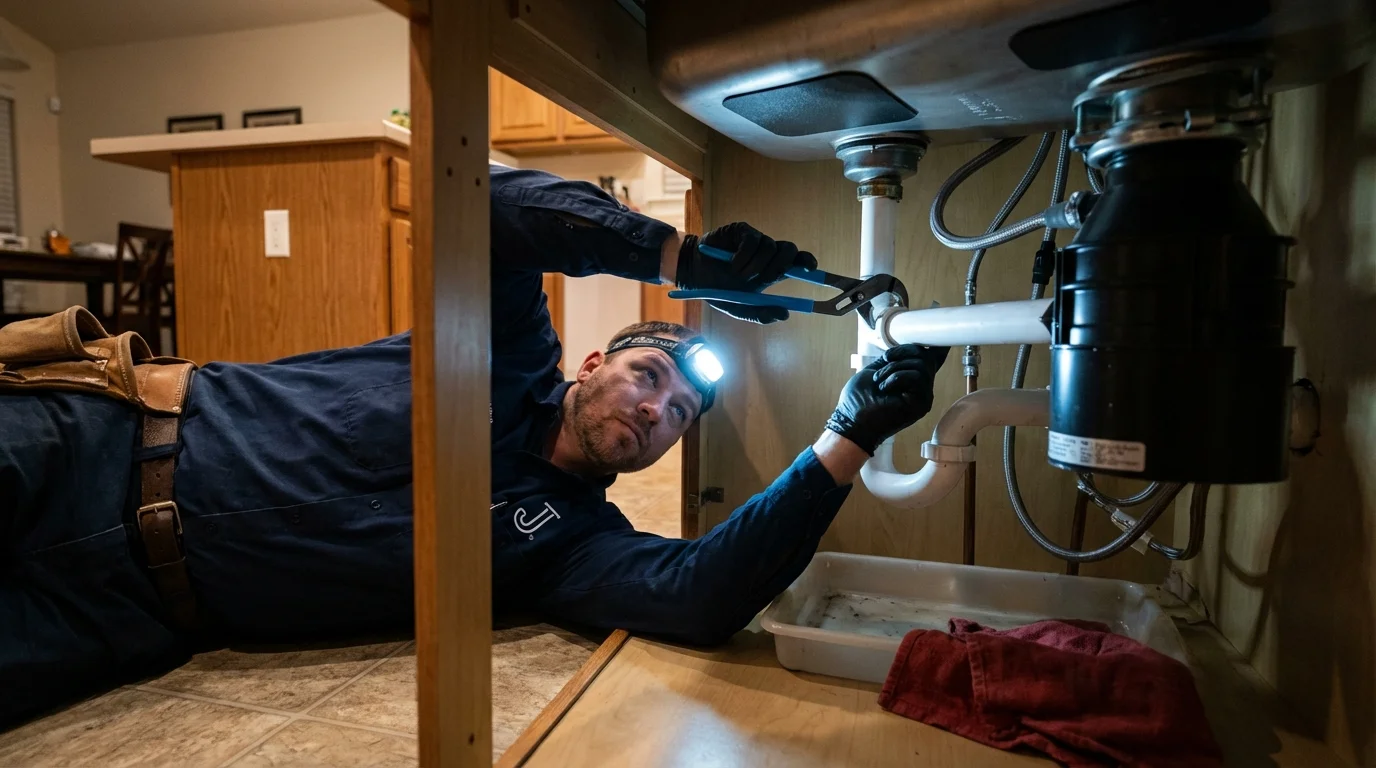 P-trap and supply line connections under a kitchen sink showing a common leak point in Park Hills, MO